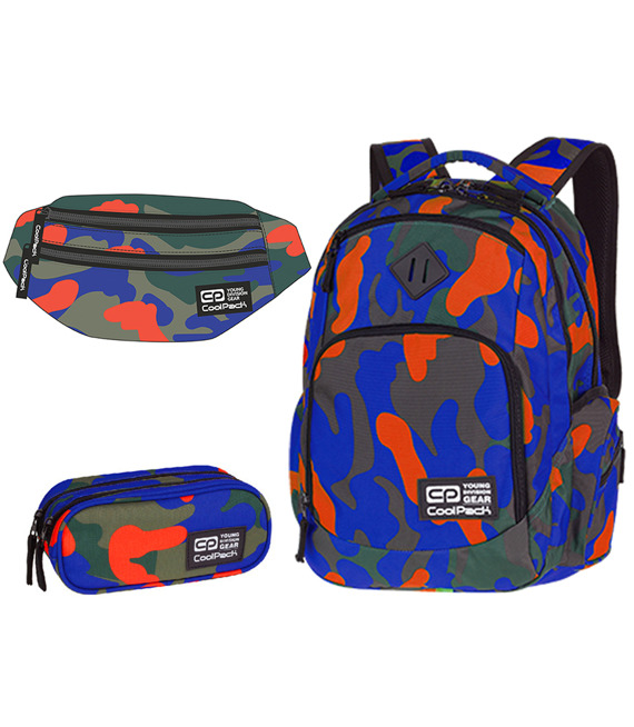 Zestaw młodzieżowy Coolpack 2018 Camouflage Tangerine - plecak Break, piórnik Clever i saszetka Madison