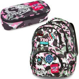 Set Coolpack Camo Pink Badges - Dart backpack and a Campus pencil case