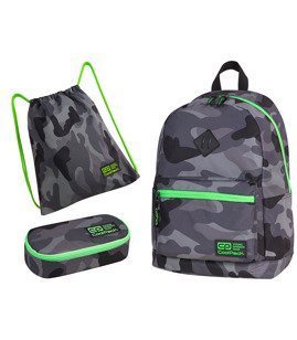Zestaw szkolny Coolpack 2018 Camo Green Neon - plecak Cross, piórnik Campus i worek Sprint