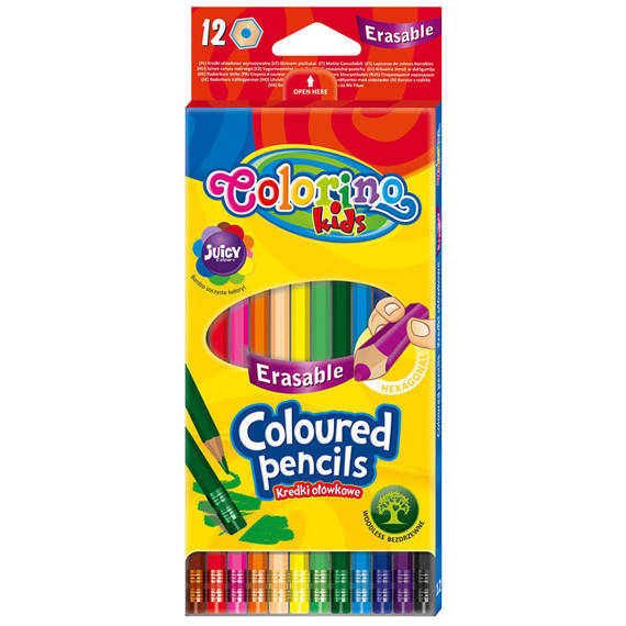 Kredki ołówkowe heksagonalne wymazywalne z gumką 12 kol. Colorino Kids 87492PTR
