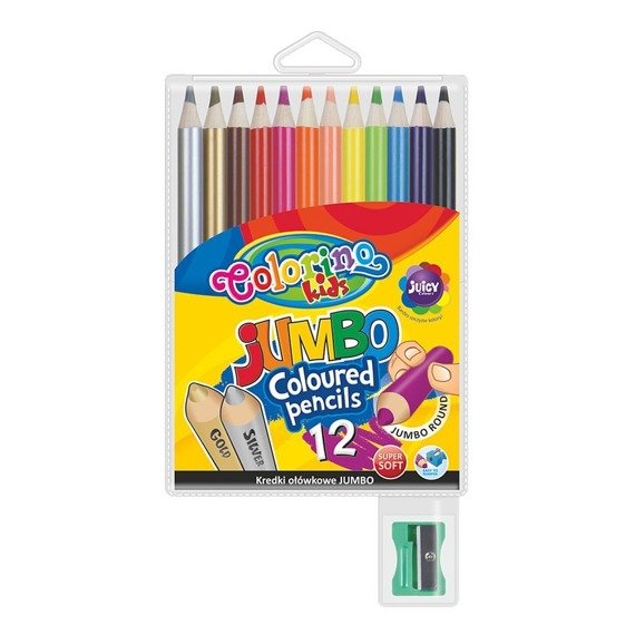 Kredki ołówkowe okrągłe Jumbo 12 kolorów + temperówka Colorino Kids 33107PTR