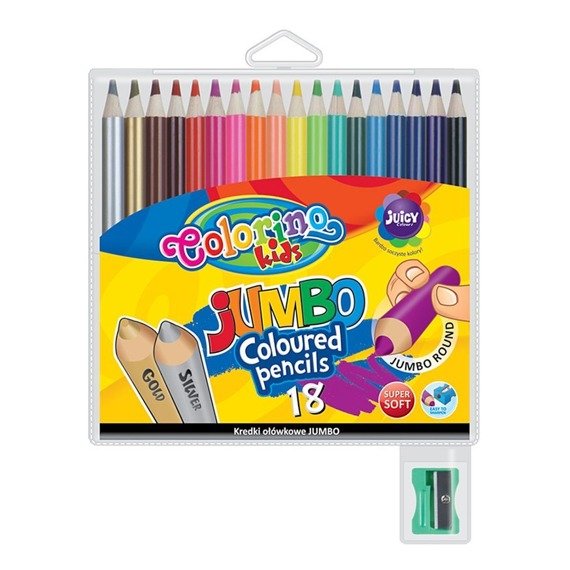 Kredki ołówkowe okrągłe Jumbo 18 kolorów + temperówka Colorino Kids 33114PTR
