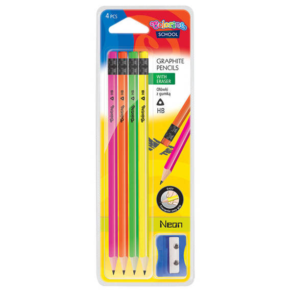 Ołówki trójkątne z gumką Neonewe 4 szt. + temperówka Colorino 39934PTR