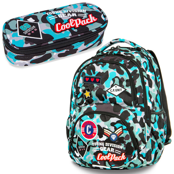 Zestaw Coolpack Camo Blue Badges - plecak Dart i piórnik Campus