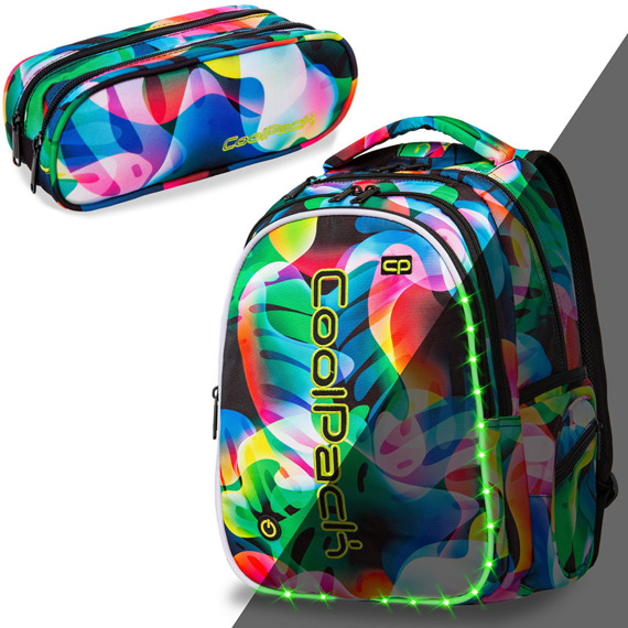Zestaw Coolpack Rainbow Leaves LED - plecak Joy L i piórnik Clever 