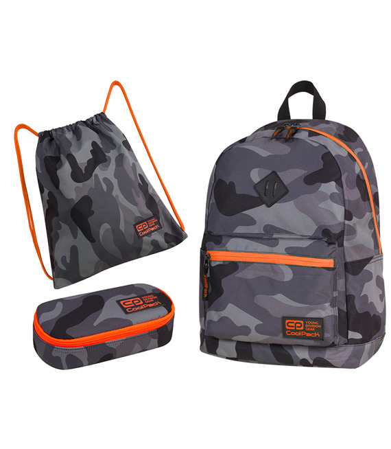 Zestaw szkolny Coolpack 2018 Camo Orange Neon - plecak Cross, piórnik Campus i worek Sprint